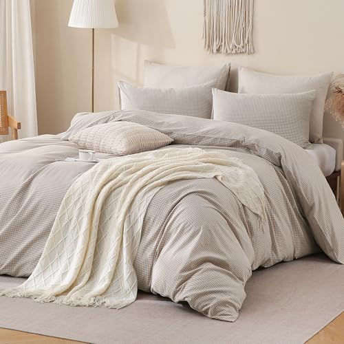 Image of TOCOMOA Mini Gingham Tan Duvet Cover Bedding Set 100% Washed Cotton Like Linen Feel Super Soft Comfy 3 Piece Brown Small Plaid Checkered Comforter Cover Set (King 104 inchx90 inch, Comforter Not Included)