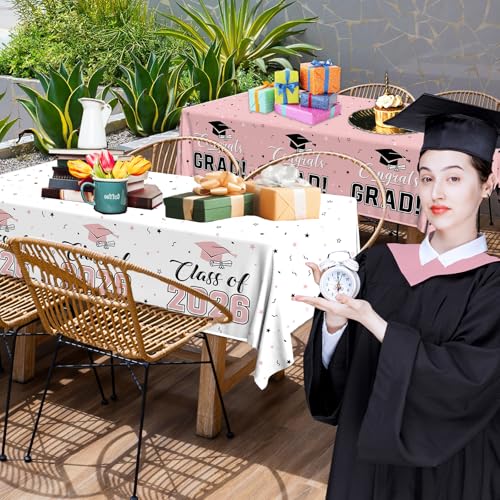 Image of 2026 Graduation Decorations,Congrats Grad Tablecloth 2pcs White Pink Class of 2026 Table Covers Rectangle for Graduation Party Supplies,108x54inch(Pink)