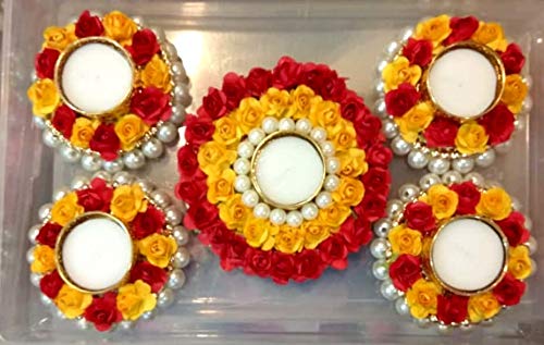 PRAHLL Unique Design Tealight/Tlight Candle with Holder, Acrylic and Pearl Base - Red and Orange (1-5 Inch, 4-3 inch)| Artificial Flower Rose with Pearls Diya Rangoli Candles (Set of 5)