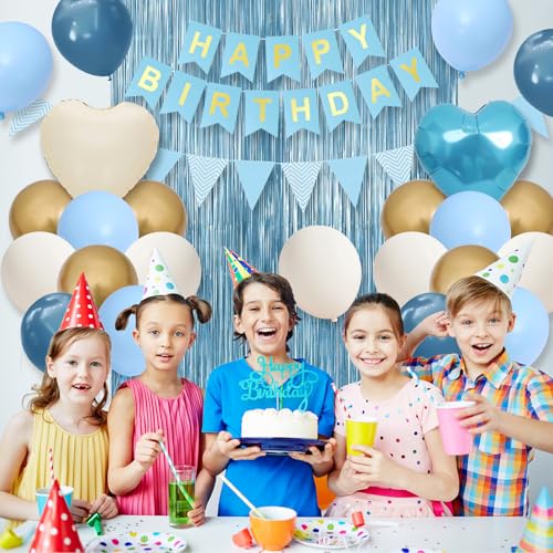 Image of Blue Birthday Decorations, Dusty Blue White Sand Gold Birthday Balloons Set