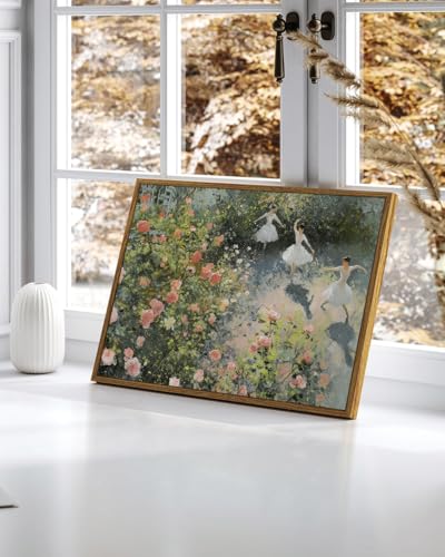 Image of KISSFOX Vintage Framed Wall Art Ballerinas Dancing in Rose Garden Canvas Art Prints Rustic Farmhouse Pictures Wall Decor Cottagecore Summer Aesthetic Paintings Artwork For Dorm Bedroom Apartment