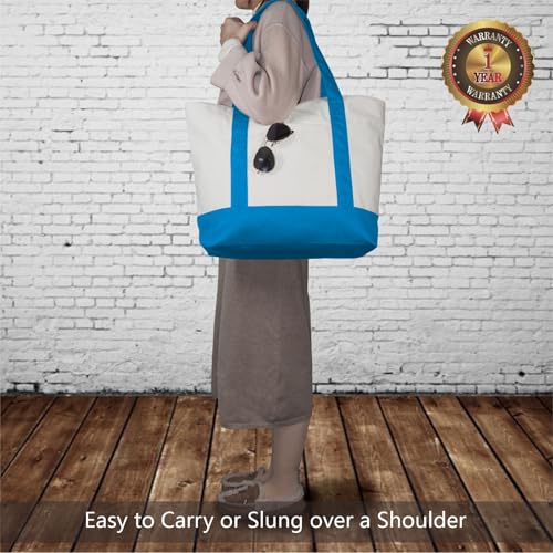 Image of TOPDesign 1-Pack Canvas Tote Bag with an External Pocket, Reusable Grocery Shopping Bag, Top Zipper Closure, Daily Essentials (Ocean Blue /Natural)