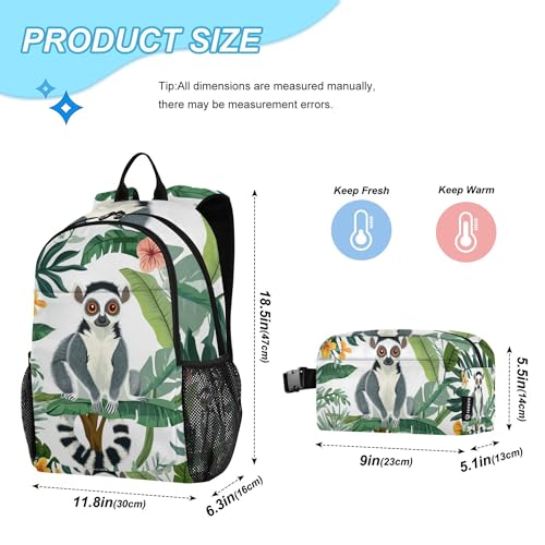 Cute Cartoon Lemur Backpack with Lunch Bag, Travel School Backpack for Boys Girls Kids Backpacks Set2