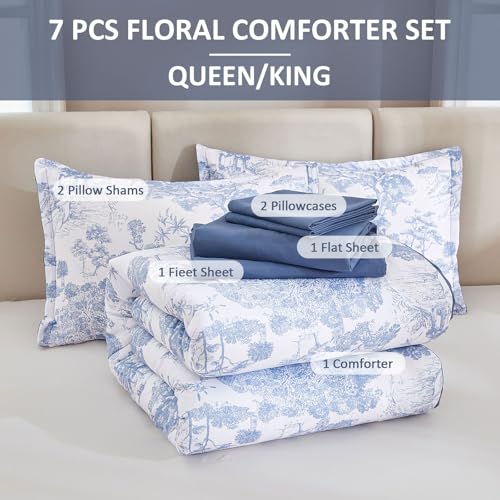 Image of DJY Blue Comforter Set California King Size,7 Pieces Bed in a Bag Botanical Comforters with Sheets Elegant Plants Print Soft Microfiber Reversible Complete Bedding Sets for All Season