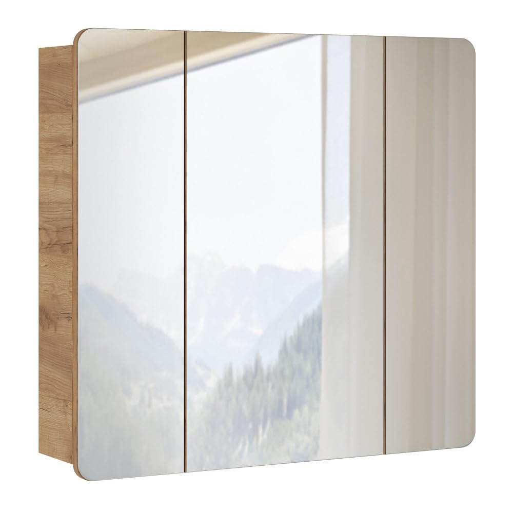 Lomadox Ensemble de meubles de salle de bain avec vasque et miroir LED de 81 cm - Blanc brillant avec chêne Wotan - Armoire suspendue, meuble bas