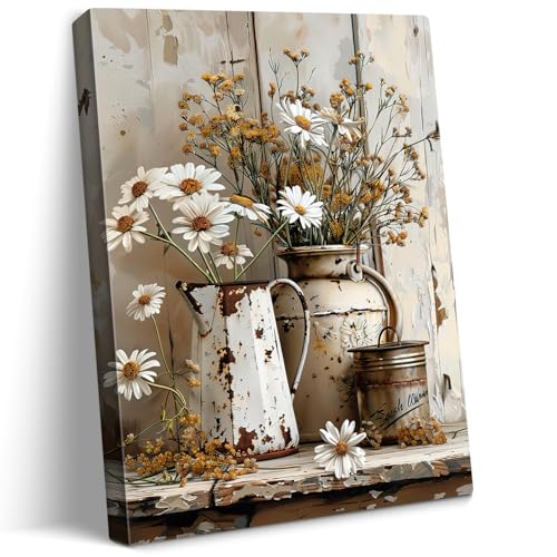 vandlife Rustic Flower Canvas Wall Art Vintage Daisies in Weathered