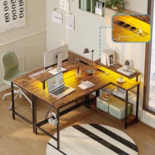 Bestier L-Shaped Corner Desk with Sockets and LED Lighting, Reversible Computer Table with Shelves and Hooks, Compact Desk for Home Office (Wood Grain Brown, 52 inches) - Afbeelding 6