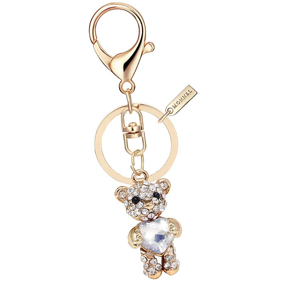 MonnelMZ823-4 Crystal Teddy Bear with Clear Heart Keychain Key Ring with Pouch Bag, Golden, Small