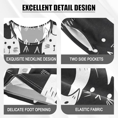 ALAZA White Black Cat Cartoon Pajamas Set Short Sleeve Cotton Sleepwear Summer Pjs 2 Piece 5-14Y4