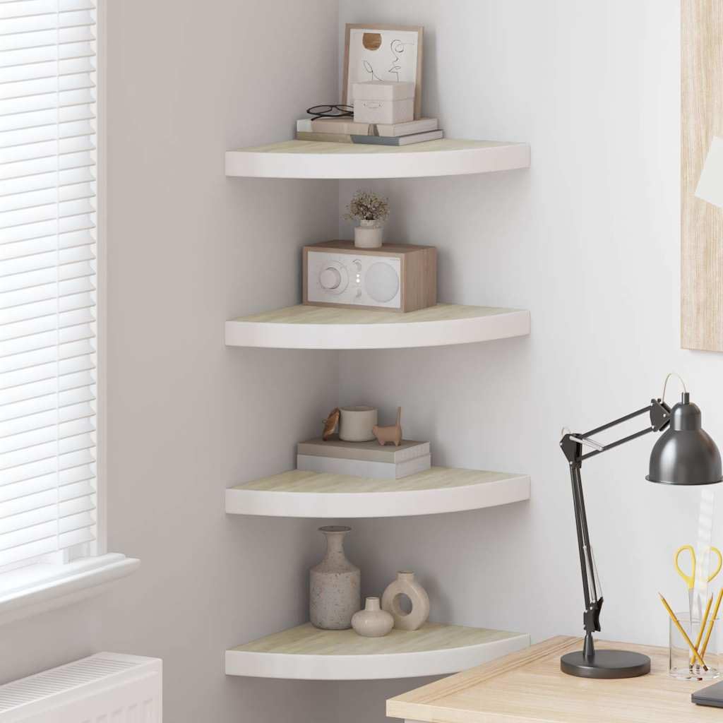 Lot de 4 étagères d'angle flottantes aspect chêne et blanc - 35 x 35 x 3,8 cm - En MDF avec métal - Peu encombrant comme étagère murale et étagère suspendue pour salon, chambre à coucher