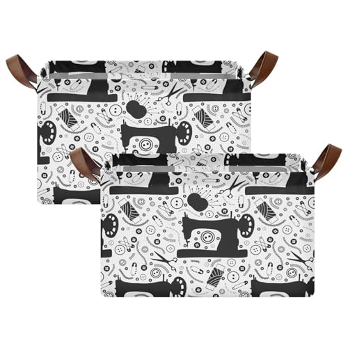 Black White Sewing Tools Printed Storage Basket Foldable Cube Storage Bins with Handles&Label Collapsible Organizer Box Bin Large Rectangle Decorative Baskets for Shelves Home Living Room Closet, 2 PC