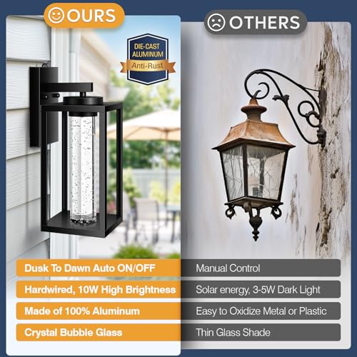 Image of VIANIS 2 Packs Large Exterior House Lighting Fixtures Wall Mount, Anti-Rust | Upgrade Photocell, Integrated 10W LED, Waterproof Porch Lights Outdoor Dusk to Dawn, Modern Black Outdoor Wall Sconce Lantern
