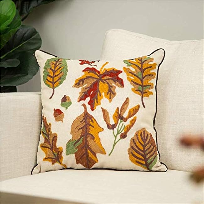 Glitzhome Fall Throw Pillows with Insert Decorative Throw Pillow with Embroidered Fall Leaves for Sofa Couch Bed Great for Fall Harvest Thanksgiving, 16 x 16 Inches