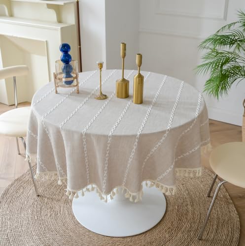 FANIVIN Nappe Ronde en Coton et Lin Dentelle à Pompons Lavable en Machine Beige 120cm de diamètre