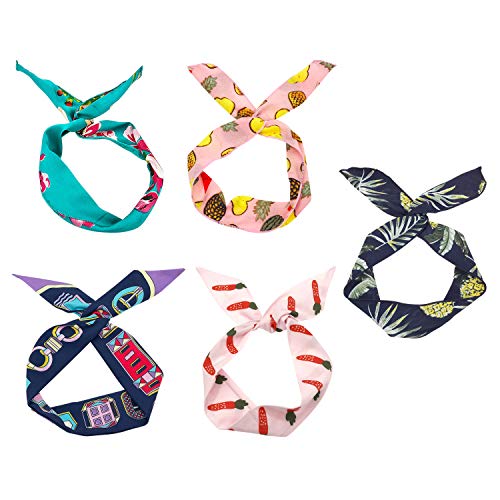 REAL SIC Twist Bow Wire Headband 5-Pack - Stylish & Flexible Boho Patterned Fabric Hair Band for Yoga, Exercize, Festivals or Everyday Wear (Copacabana)