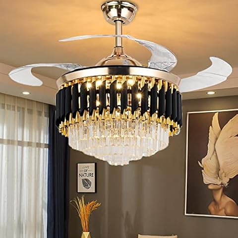 MORE CHANGE 42" Crystal Chandelier Ceiling Fan and Remote, Gold Luxury Chandelier and Fan With 3 Colors 3 Speeds, Retractable Fandelier Ceiling Fan LED Light For Dinning Room Bedroom Cover