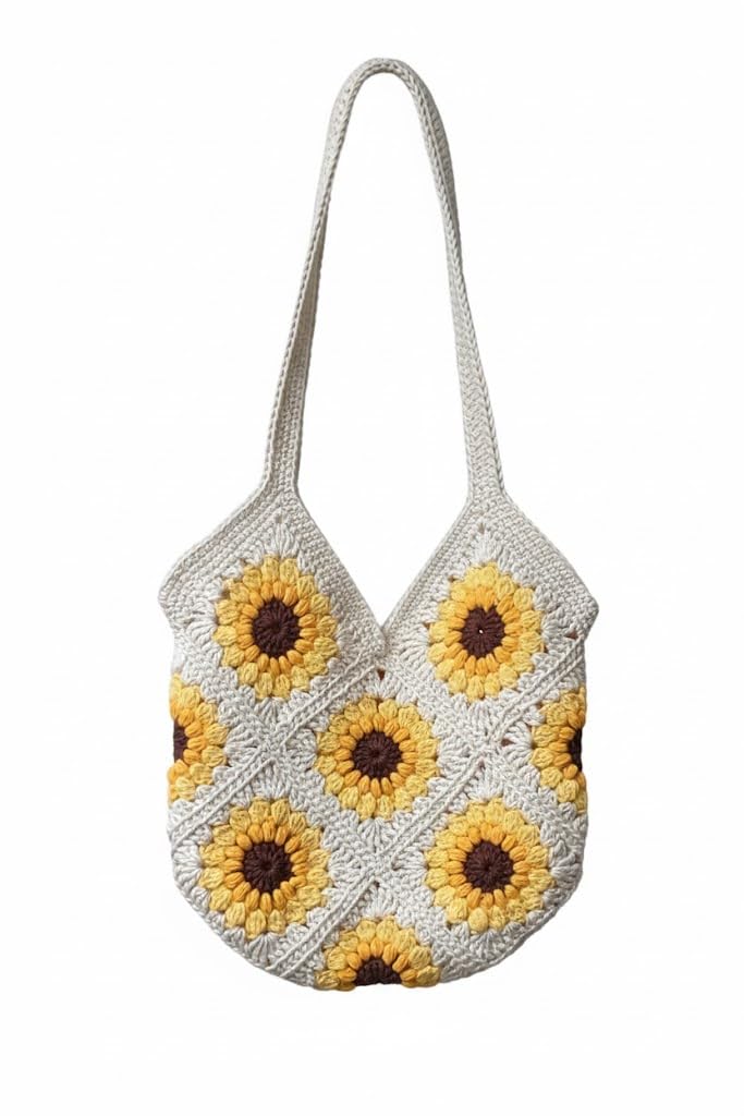 decofay Handmade Crochet Sunflower Tote Bag, Beige with Yellow Floral Pattern, Granny Square Design, Shoulder Bag-picture-56