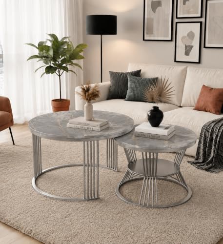 Image of Brown Art SHOPPEE Round Coffee Table Home Decor Furniture Coffee Table Sets,2 Piece MDF Top,Stacking Nesting Table with Iron Frame for Living Room Living Room or Lounge (Silver Grey)