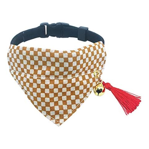PetSoKoo Japan Tassel Bandana Cat Collar with Bell.Stylish Plaid Pattern.100% Cotton.Safety Breakaway Buckle.Adjustable Cover