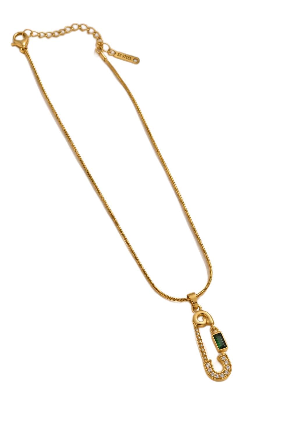Gold-Tone Stainless Steel Safety Pin Pendant Necklace | Green