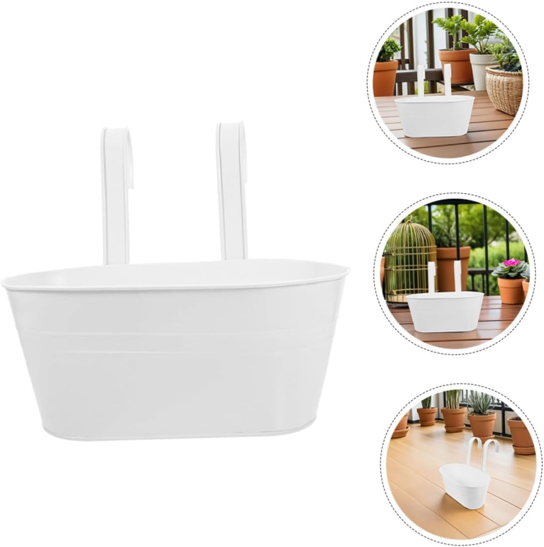 Outanaya 3pcs Wrought Iron Hanging Bucket Planters with Detachable Handles, Oval White Metal Flower Pots 27x14.5cm for Balcony Porch Railing Garden Outdoor Use