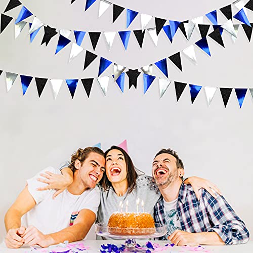 Image of 30Ft Navy Blue Black and Silver Party Decorations Royal Blue Triangle Flag Pennant Banner Bunting for Graduation Birthday Wedding Bridal Shower Nautical Ahoy Achor Themed Party Decorations Supplies