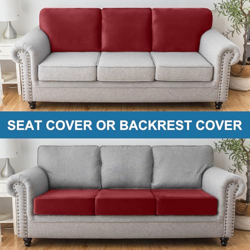 Image of Couch Cover Stretch Velvet Sofa Cushion Cover 3-Piece - Elastic Washable Slipcover for Seat /Backrest, Couch Seat Covers for Sofas (Christmas Red)