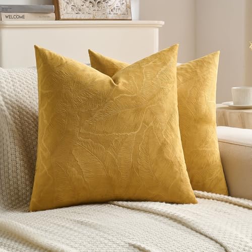 Image of FUTEI Pack of 2 Velvet Throw Pillow Covers 24x24 Inch Soft Embossed Leaf-Relief Textured Decorative European Cushion Cases Modern Natural Farmhouse Accent for Couch Bed Living Room, Golden Yellow