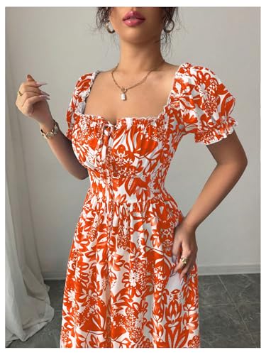 Image of Floerns Women's Floral Short Puff Sleeve Milkmaid Dress Boho A Line Long Dresses