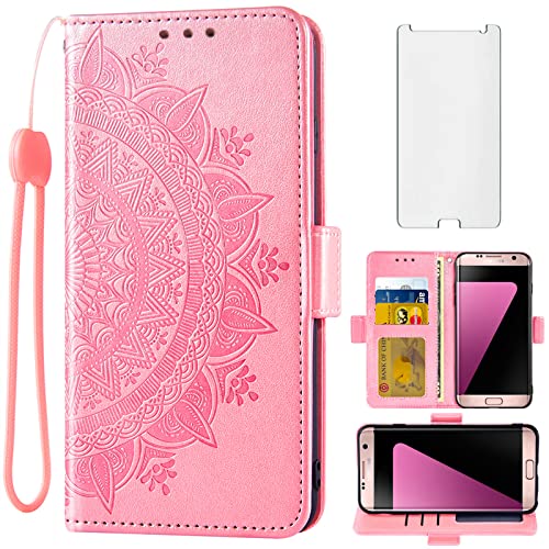 Asuwish Compatible with Samsung Galaxy S7 Wallet Case Tempered Glass Screen Protector Card Holder Flip Purse Accessories Wrist Strap Cell Phone Cover for Glaxay S 7 7s GS7 SM-G930V G930A Rose Gold