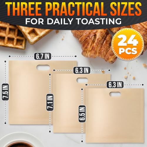 Image of Toaster Bags Reusable 24 Pack, 3 Sizes, Non-Stick, Heat Resistant | Zero Mess Melty Grilled Cheese in Every Bag - Small, Medium, Large Sandwich Pouches to 500F, Standard Wide Slots, Microwave
