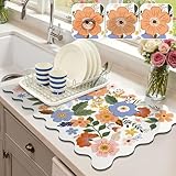 LOKHOM Scalloped Floral Dish Drying Mat, 12'x20' Super Absorbent Coffee Mat with Unique Spring Wildflowers, Cuttable Hide Stain Non-slip Drying Mat for Kitchen Counter Coffee Maker Espresso Machine