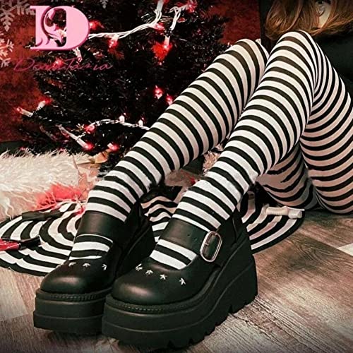 Black Platform Mary Jane Shoes for Women Goth Lolita Cosplay Girls Chunky Heel Dress Pumps Mary Janes Wedge Heels with Buckle US5.5-113