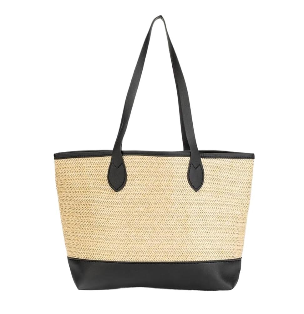 Torba Damska Letnie Torby Ze Słomy Damskie Tkane Skórzane Torebki Plażowe Torba Na Ramię Słomkowe Torebki(Black)