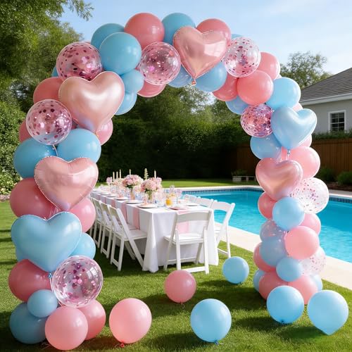 Image of Baby Pink & Baby Blue Heart Balloons Party Decorations - Heart Shaped Foil and Latex Balloon Decorations Set for Gender Reveal, Baby Shower, Kids Happy Birthday Party, Valentines, Wedding, Anniversary