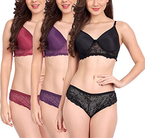 Image of FIMS - Fashion is my style Women Cotton Floral Lace Padded, Non-Wired, Full Coverage, Seamless Bra Panty Set, Multicolor, Lingerie Set