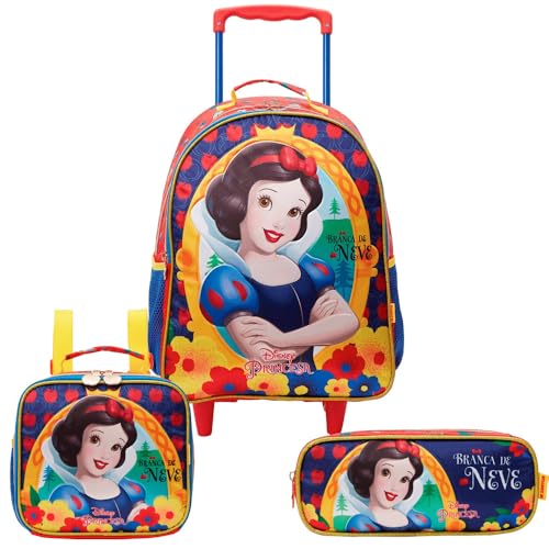Kit Mochila De Rodinhas Lancheira Estojo Branca Neve Infantil