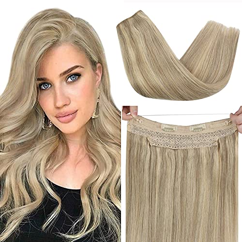 VeSunny Hidden Wire Hair Extensions Blonde Highlights #16/22 Fishing Line Hair Extensions Golden Blonde Highlighted Dark Ash Blonde One Piece Fish Line Extensions Blonde Silky Straight 20inch 100g