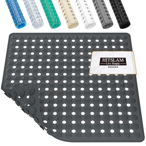 Image of HITSLAM Shower Mat Anti Slip, Square Bath Mat for Tub Non Slip with Suction Cups and Drain Holes, 21x21 Inch Bathroom Shower Stall Floor Mat, Machine Washable, Soft on Feet, Dark Grey