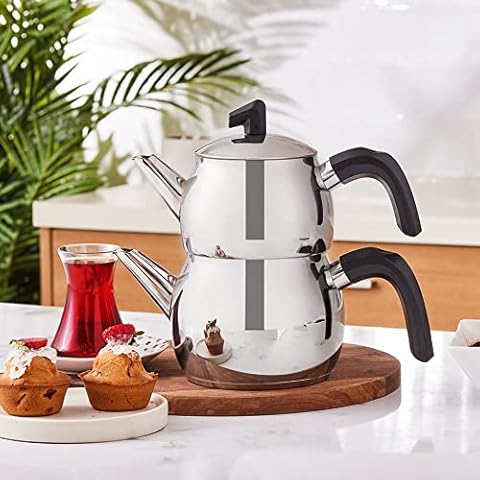Karaca Belinay Stainless Steel Tea Pot Set - Set of 1 Litre Teapot with Lid and Tea Sieve and Drinker Kettle 1.6 litres - 18/10 Stainless Steel - Medium, Silver Black Cover
