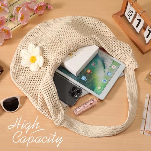 Image of Premillow Crochet Beach Bags for Women, Summer Beach Tote Bag, Mesh Cute Beach Purse, Aesthetic Knit Bag Handbag Shoulder Bag