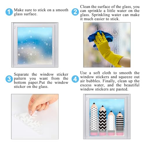 Image of Whaline 9 Sheet Black White Pencil Window Clings Back to School Pencil Plaid Stripe Wave Point Window Decals Double-Sided Reusable Glass Decor for Classroom Wall Glass Blackboard Decor