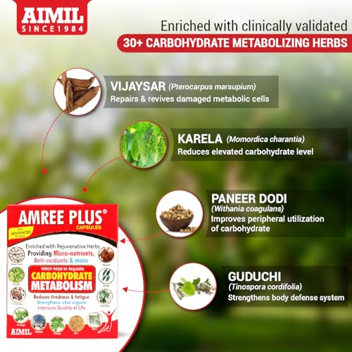 Image of AIMIL Amree Plus Capsules - 20 Capsules | Ayurvedic Nutrient Supplement for Carbohydrate and Lipid Support | Natural Herbal Formula with Gudmar & Karela to Help Manage Tiredness & Fatigue (Pack of 3)
