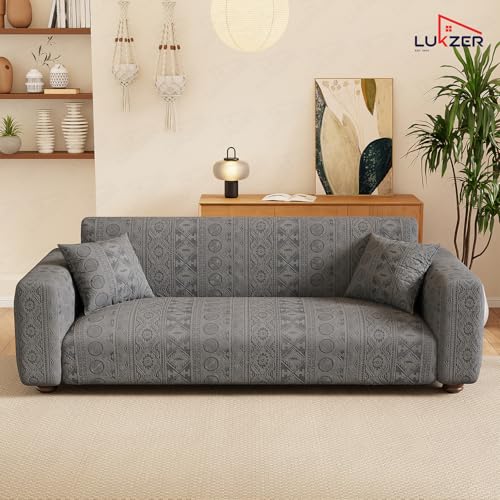 Image of Lukzer 2 Seater Pastel Dark Grey Tribal Pattern Sofa Cover | 240 GSM Universal Stretch Fit Jacquard Fabric Couch Protector | Fully Covered Anti Slip & Washable Sofa Cover (140-180cm /SC-137-02)