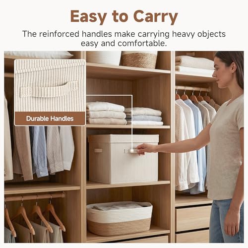 Image of StorageWorks Storage Bins with Lid, Decorative Fabric Storage Bins with Handles, Stackable Closet Organizers for Shelves and Bedroom, Large, Khaki and Beige Stripes, 2-Pack