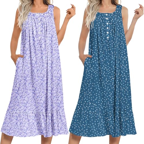 Image of Ekouaer 2 Pack Nightgowns for Women Sleeveless Long Night Gowns Victorian Nightdress with Pockets Soft Ladies Gown