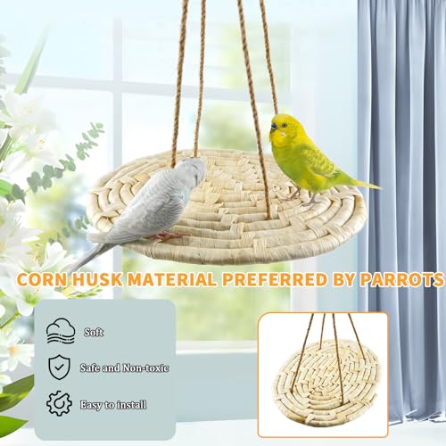 Image of FlidRunest Bird Swing Hammock Bed, Natural Corn Woven Parrot Hammock Swing Mat, Hanging Bird Climbing Perch Mat, Relieve Boredom Chewing Toy for Birds Parakeets Lovebirds Cockatiels Conure, yellow