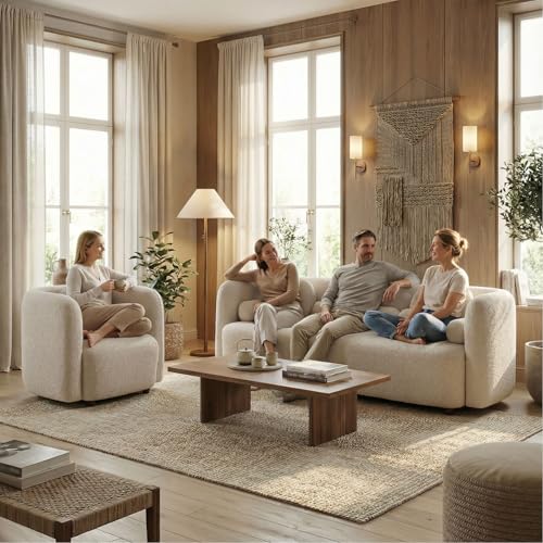 Image of Curved Sofa Set for Living Room Upholstered Boucle Fabric 3-Seater Rectangular Sofas Couches + Oversized Chair with Throw Pillows Modern Sofa Set of 2 Piece Couch Set Bedroom Office Apartment Beige