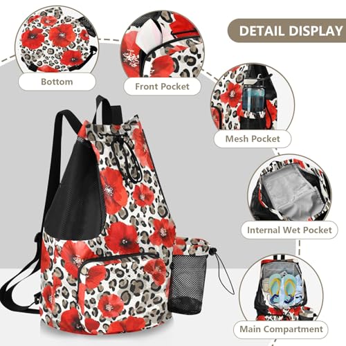 Beach Drawstring Backpack Mesh Swim Bag for Women Red Poppy Leopard Cheetah Swimming Gym with Wet Pocket Packable Sports4