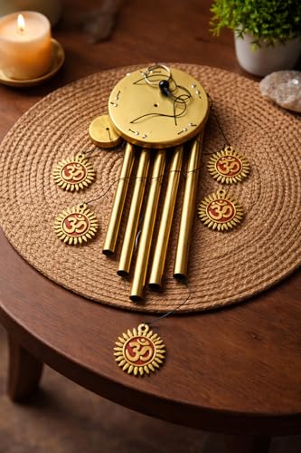 Image of Om Design Metal Wind Chime for Home Decor | Golden Hanging Wind Chimes for Balcony, Garden & Temple | Vastu & Spiritual Decorative Item